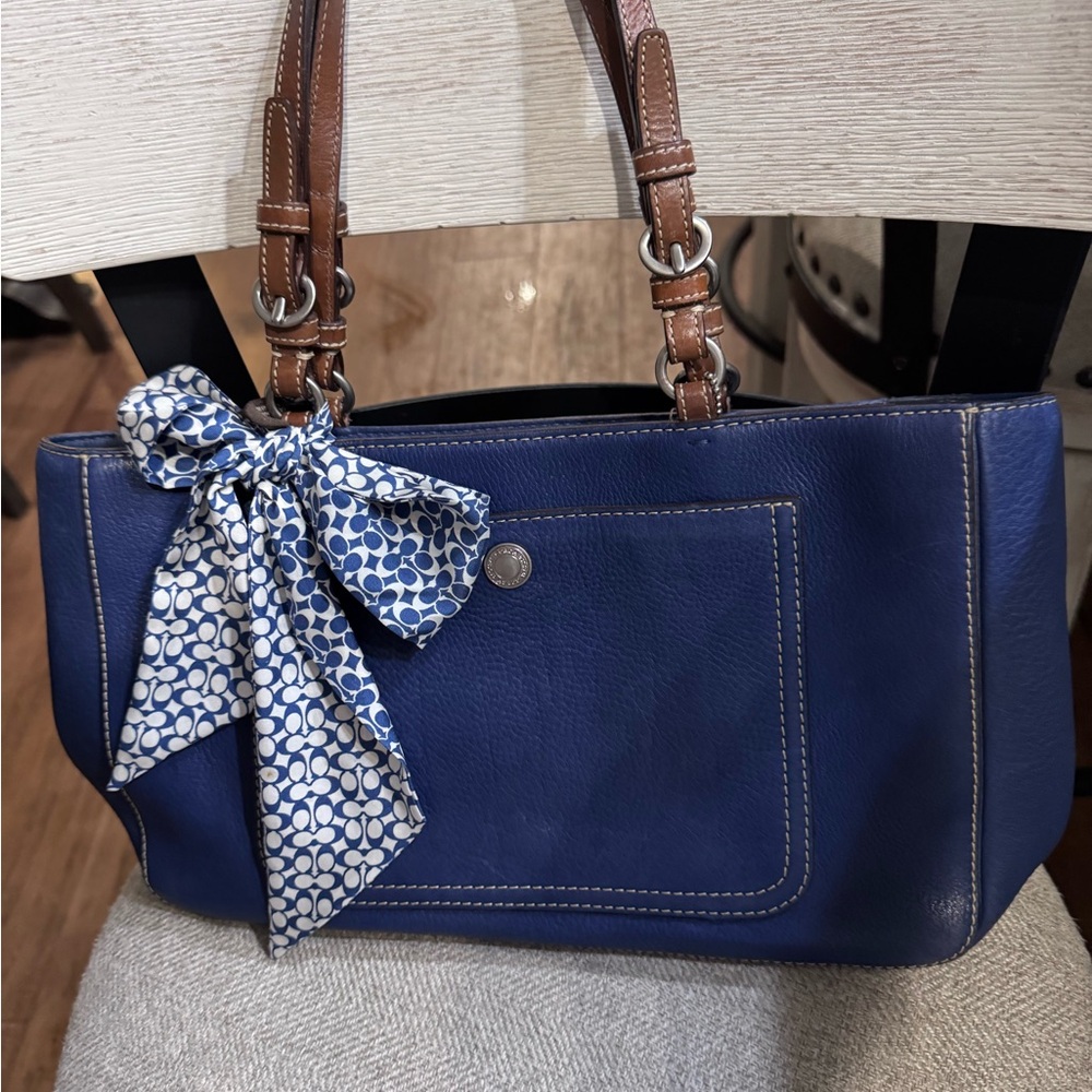 Elegant Blue Leather Coach Tote Bag with Brown Handles
